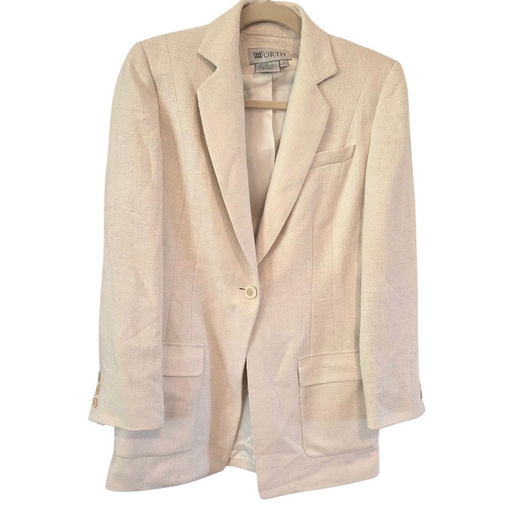 Vintage Worth Basketweave Silk Women's Blazer 2Cream Tailored Minimalist Classic